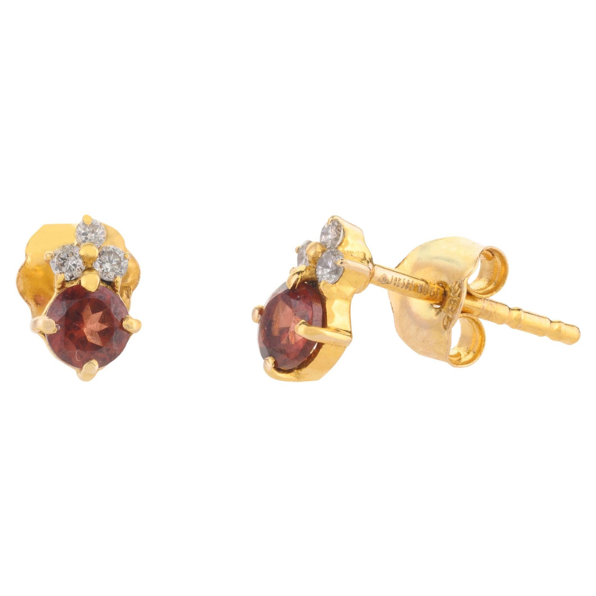 Dainty Garnet and Diamond Pushback Stud Earrings 14k Solid Yellow Gold for Her For Sale