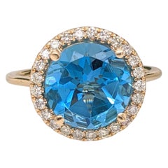 4.4ct Glam Swiss Topaz Ring w Earth Mined Diamonds in 14K Yellow Gold Round 10mm