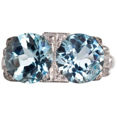 1920s Art Deco Platinum Two-Stone Aquamarine and Diamond Engagement Ring