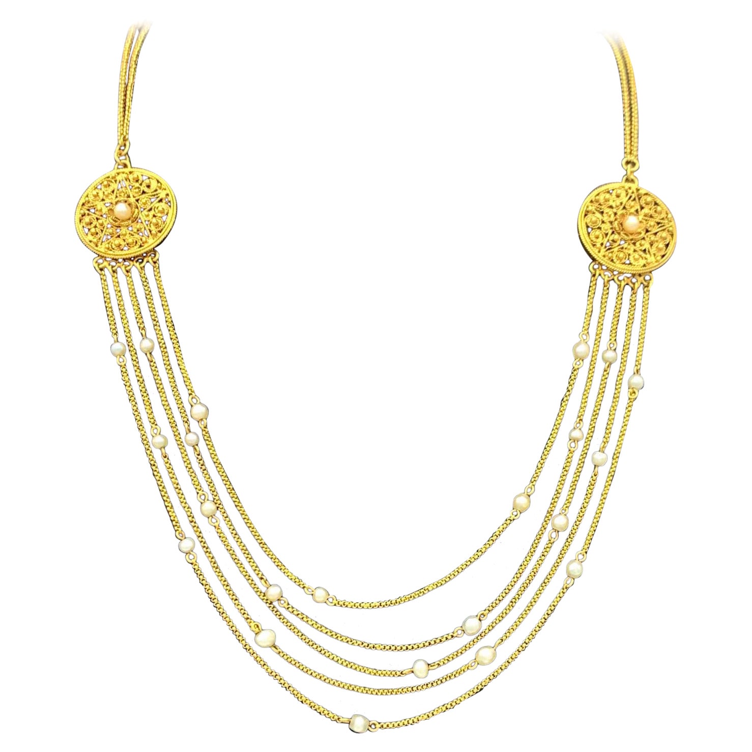 Antique 18K Gold Necklace 24 Natural Oriental Pearls Five Pointed Star Pentagram For Sale