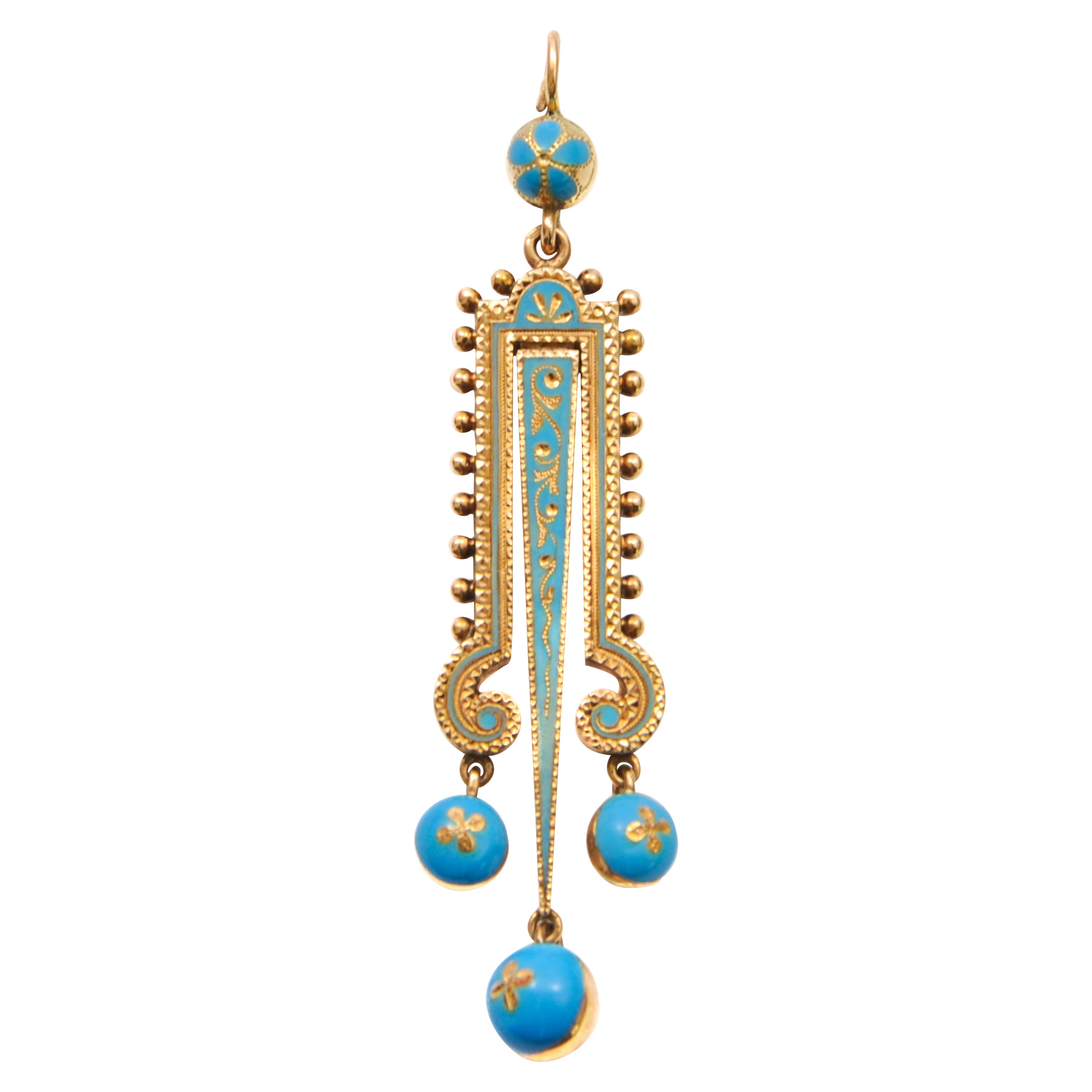 Antique Victorian 14K Gold and Turquoise Enameled Movable Pendant For Sale