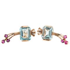 1950s Aquamarine Ruby Gold Drop Earrings 