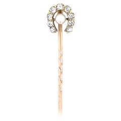 Retro Victorian Diamond Pearl 18 Karat Yellow Gold Horse Shoe Stick Pin, Circa 1950