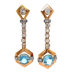 Aquamarine and Diamond Drop Earrings 18 Karat Yellow Gold