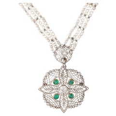 Early 20th Century Necklace Natural Pearl Diamond Emerald