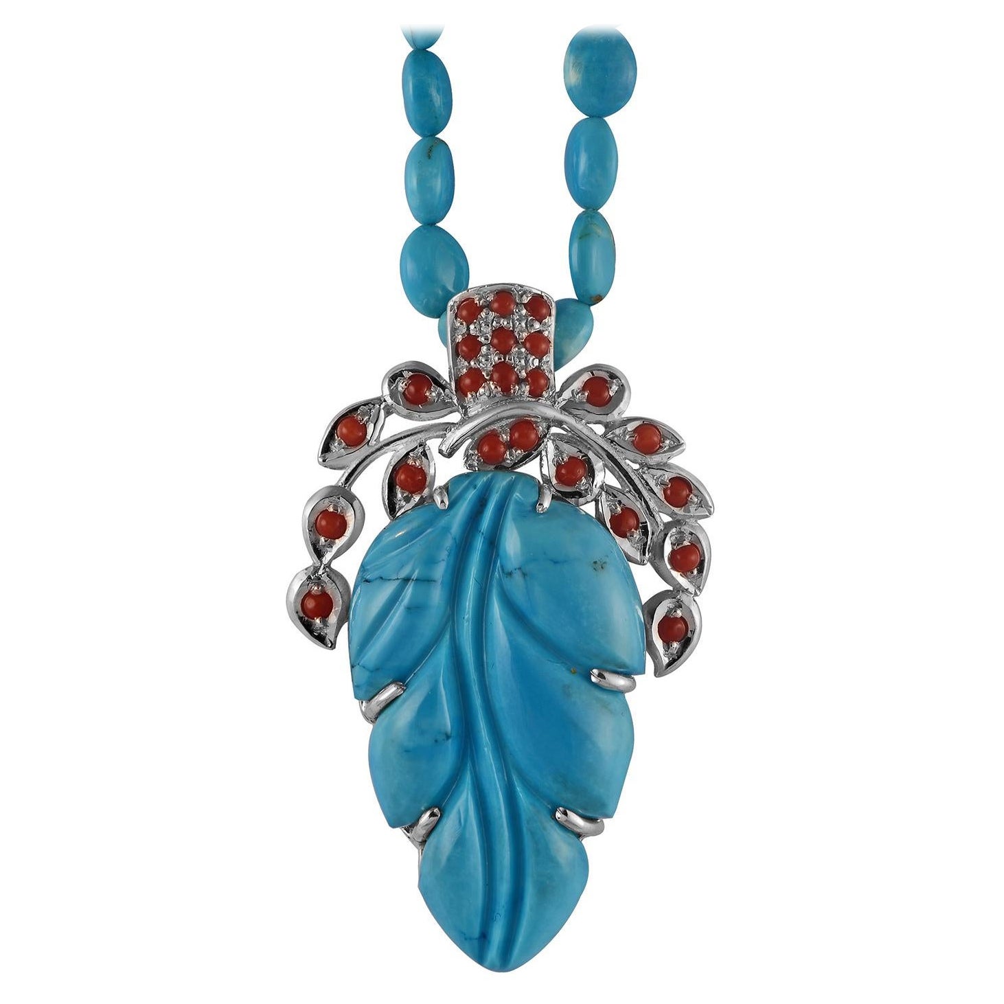 Hand-Carved Silver Turquoise Coral Pendant