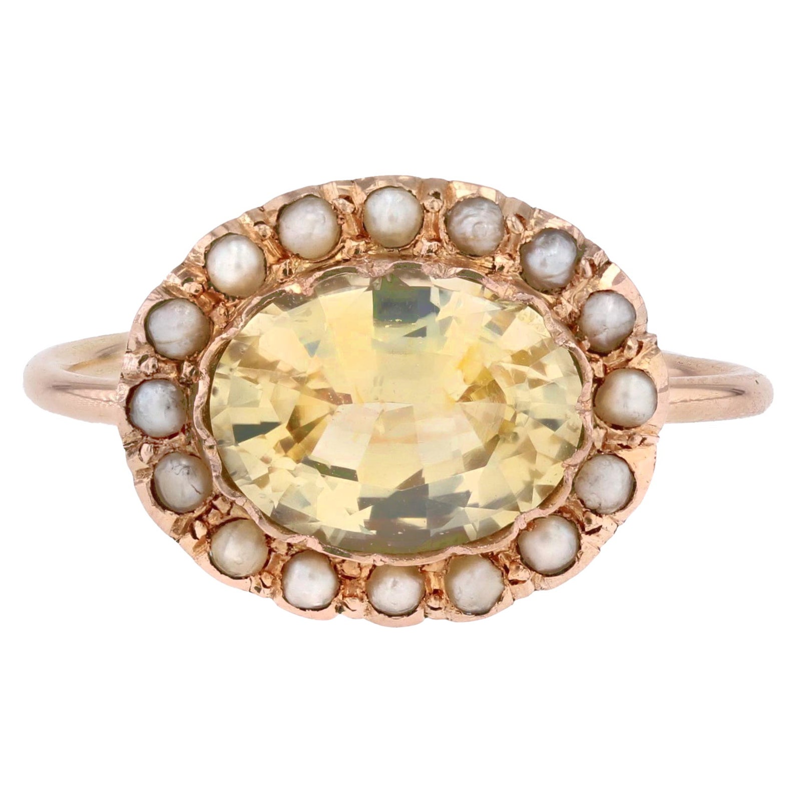 19th Century Natural Yellow Sapphire Fine Pearls 18 Karat Rose Gold Ring For Sale