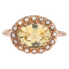 Antique 19th Century Natural Yellow Sapphire Fine Pearls 18 Karat Rose Gold Ring