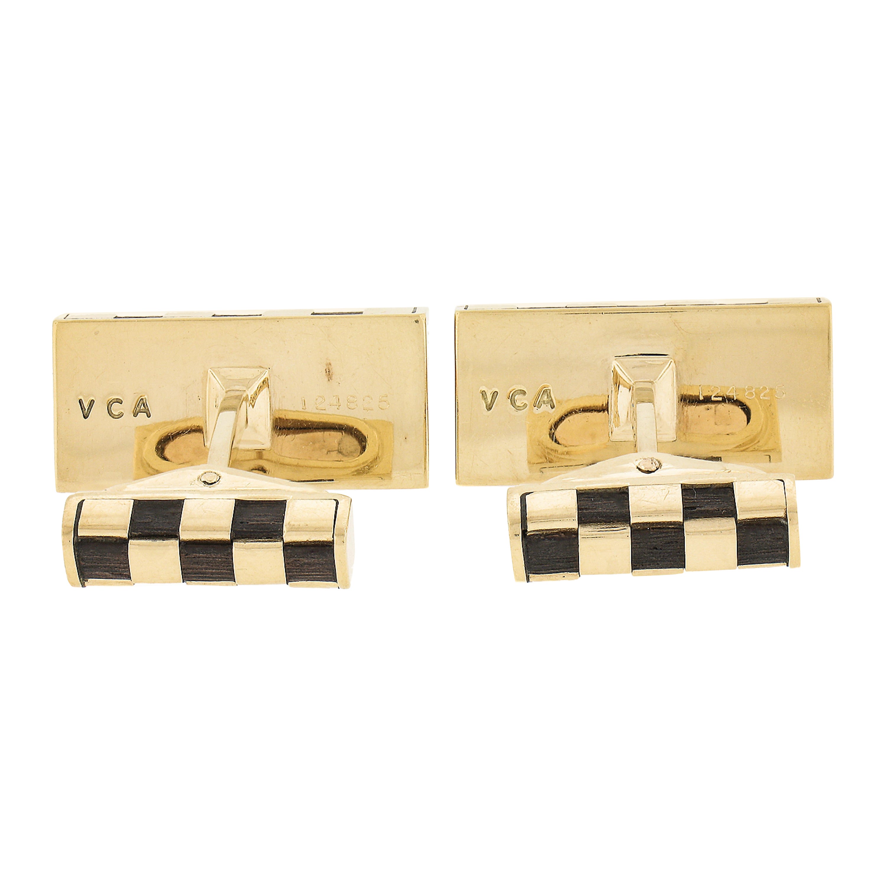 Van Cleef & Arpels Vca French 18k Gold Wood Checkerboard Rectangular Cufflinks For Sale