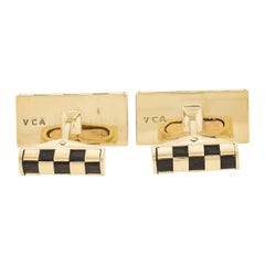 Van Cleef & Arpels Vca French 18k Gold Wood Checkerboard Rectangular Cufflinks