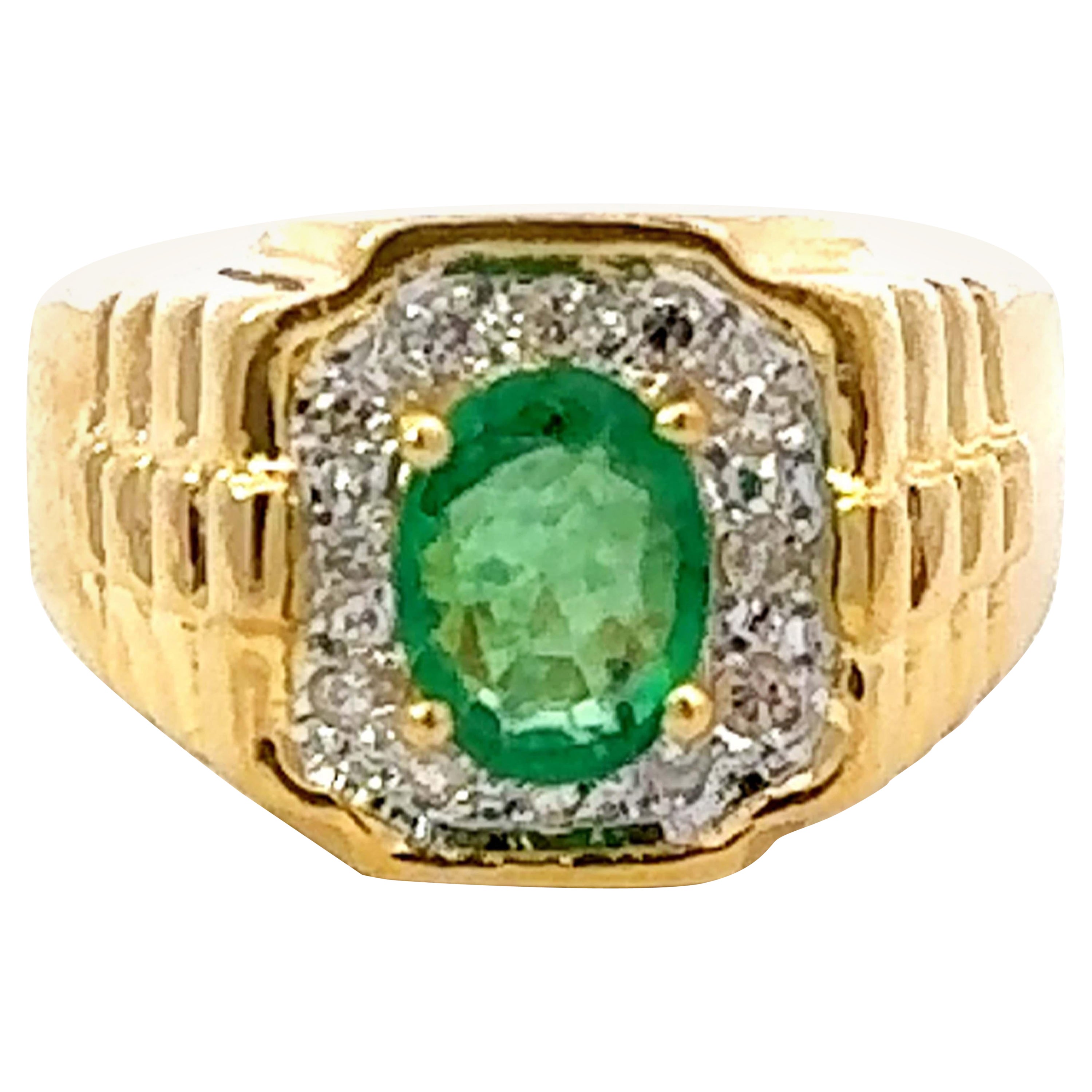 Oval Green Emerald and Diamond Halo Rolex Shoulders Ring 18k Yellow Gold For Sale