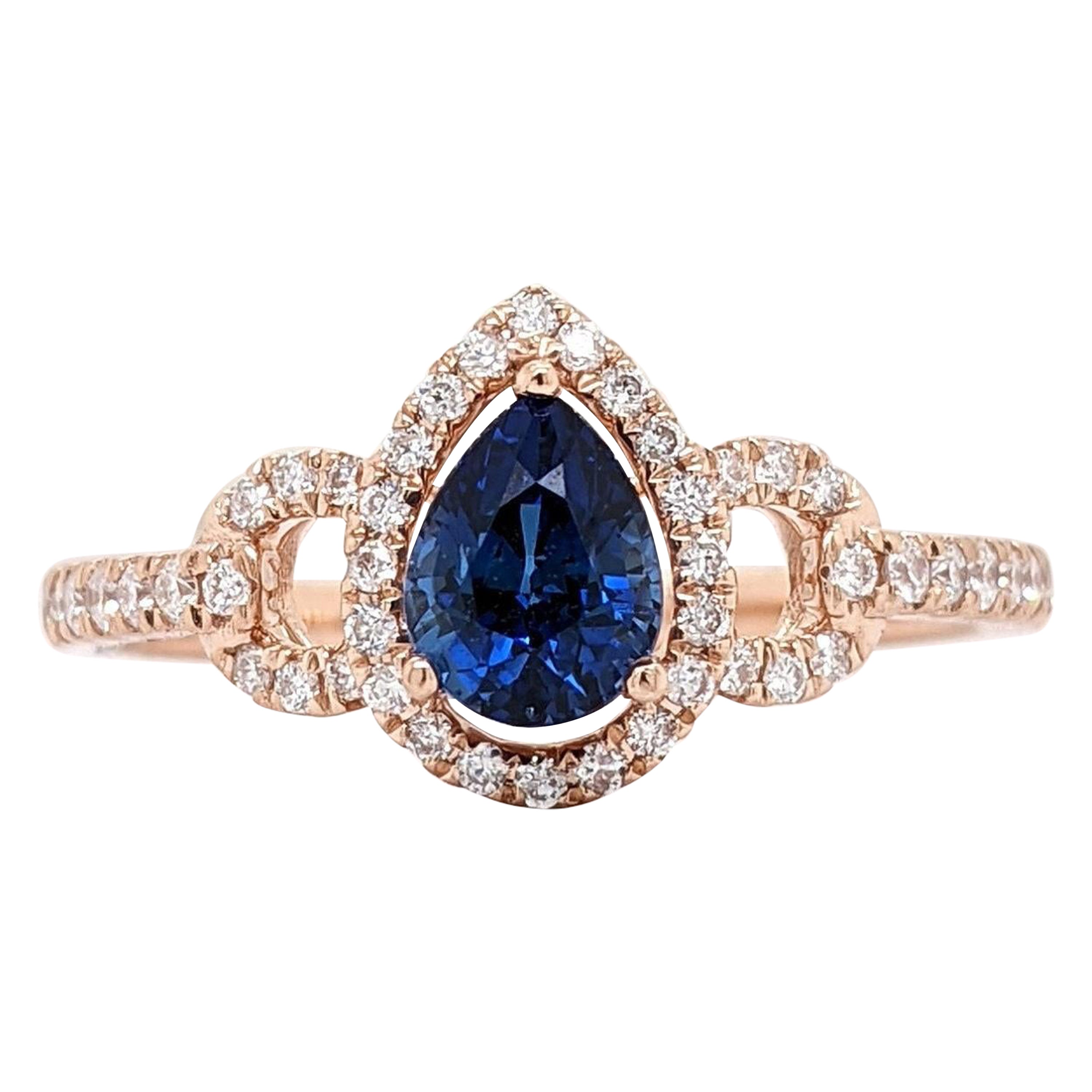 Blue Ceylon Sapphire Ring w Earth Mined Diamonds in Solid 14k Rose Gold Pear 6x4 For Sale