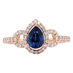 Blue Ceylon Sapphire Ring w Earth Mined Diamonds in Solid 14k Rose Gold Pear 6x4
