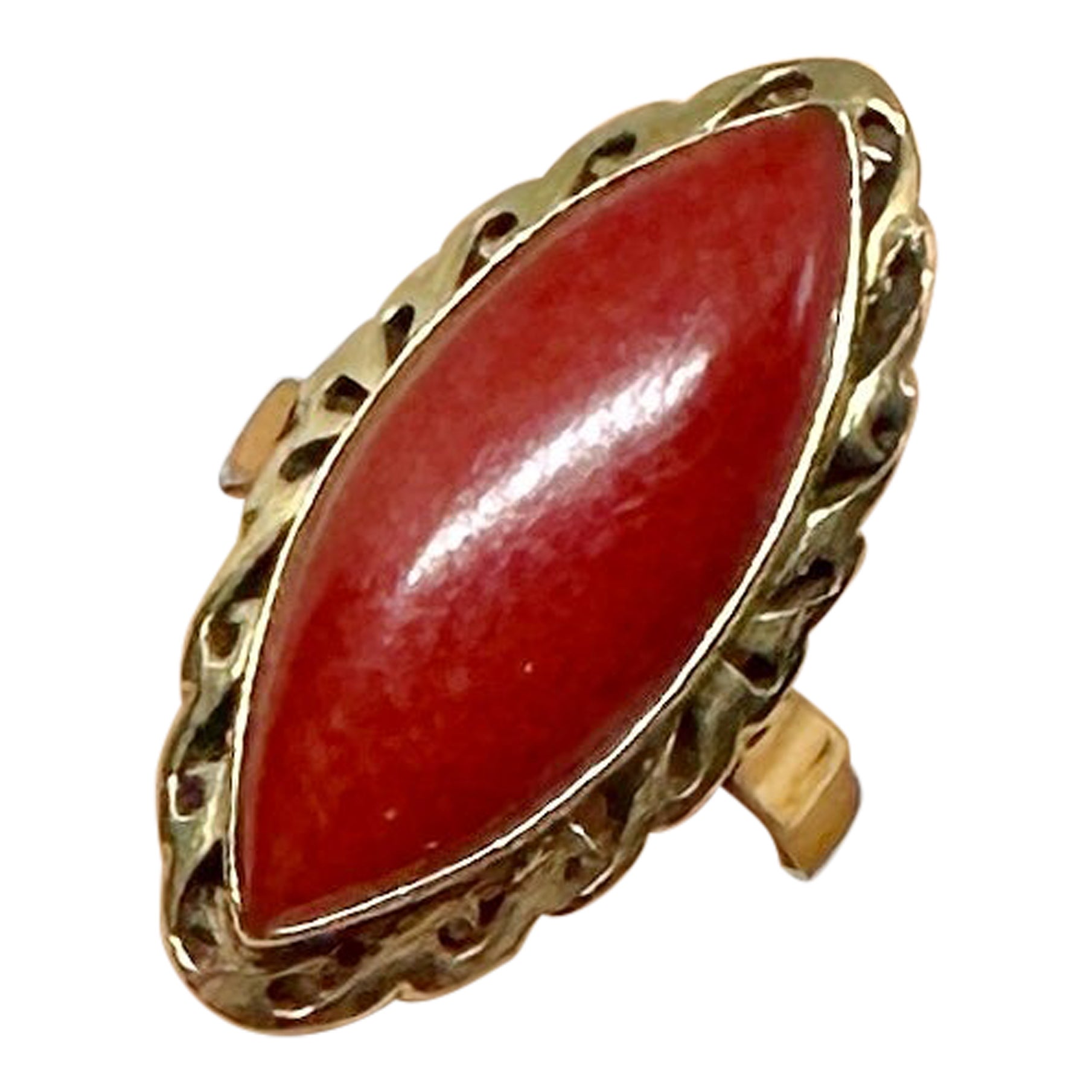 Art Deco Red Coral Ring 14 Karat Gold Navette Marquise Red Coral Cabochon For Sale