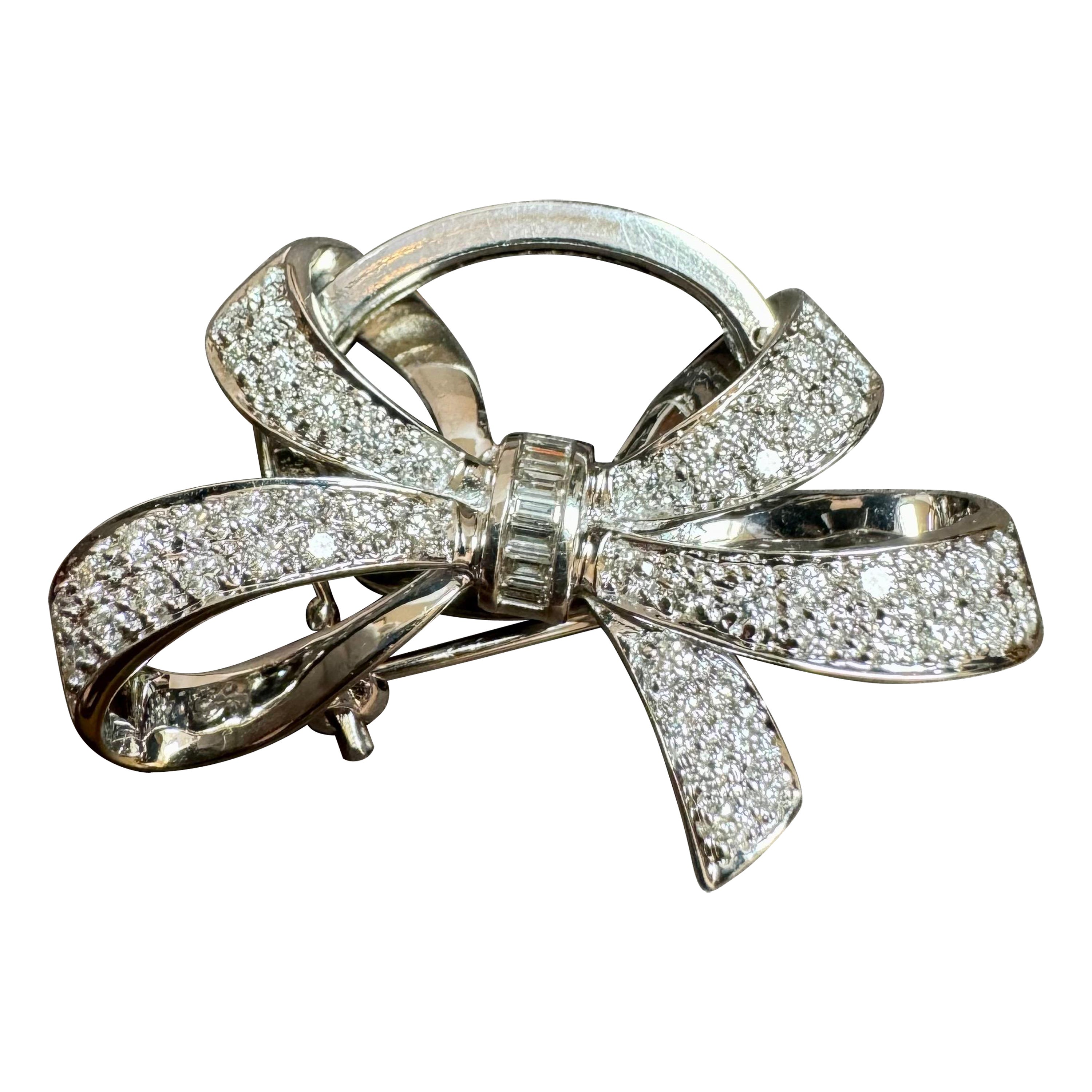 Vintage 2.55 Ct Diamond Bow Brooch Pin /Pendant in 18 K White Gold For Sale