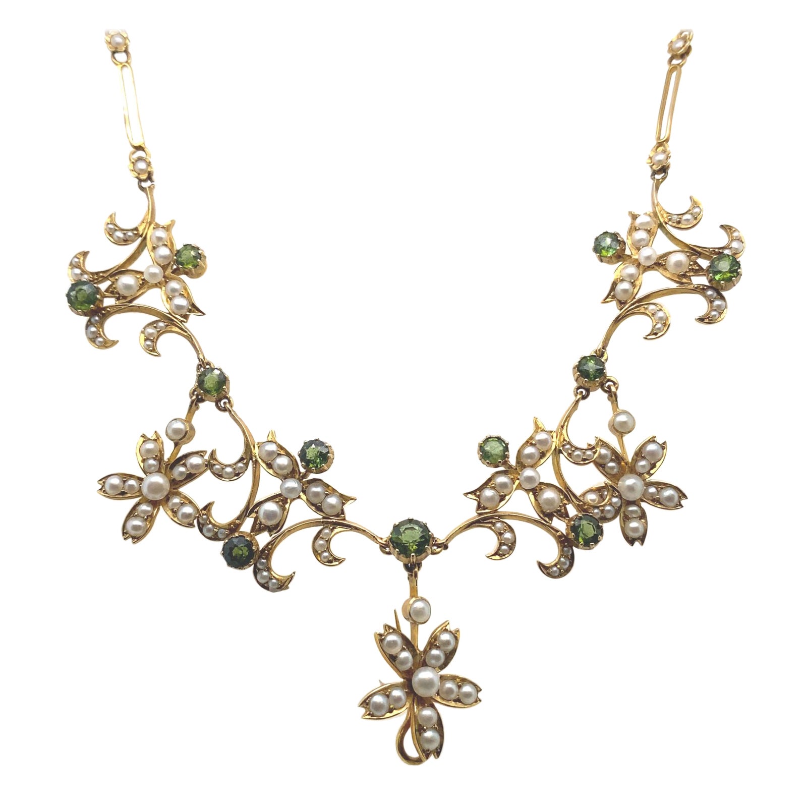 Victorian Peridot Seed Pearl Necklace 18 Karat Yellow Gold