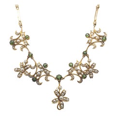 Victorian Peridot Seed Pearl Necklace 18 Karat Yellow Gold