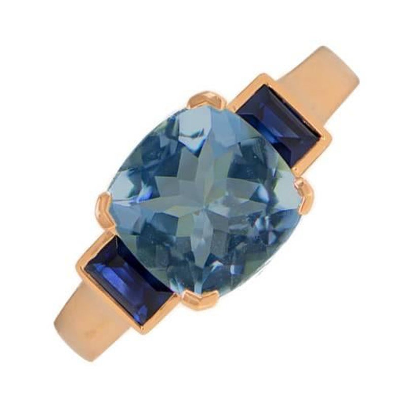 1.90ct  Cushion Cut Blue Topaz Engagement Ring, 18k Yellow Gold For Sale