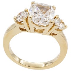 GIA Certified 14k Gold Diamond Three Stone Cushion Engagement Ring 3.60ctw