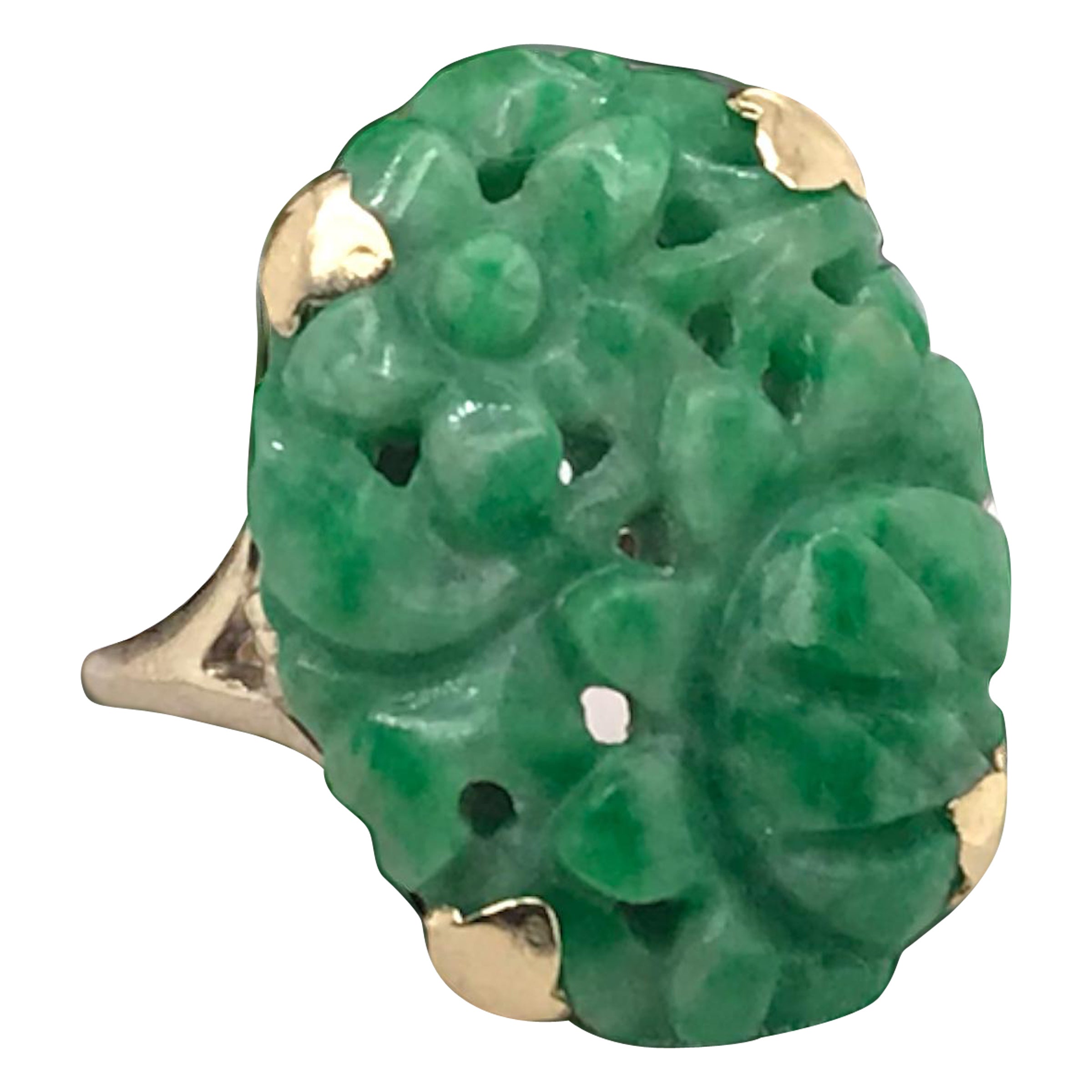 Retro Carved Jade Ring 10K Yellow Gold For Sale