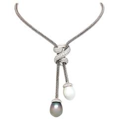 18k White Gold, 2.48 Carat Diamond and White/Tahitian Pearl Necklace