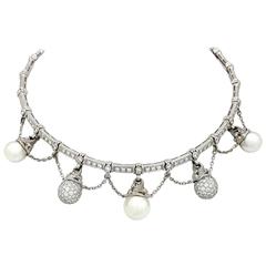 18k White Gold, 6.36 Carat Diamond and Pearl Collar Necklace