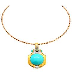 Persian Turquoise and 0.30 Carat Diamond Pendant on Gold Collar