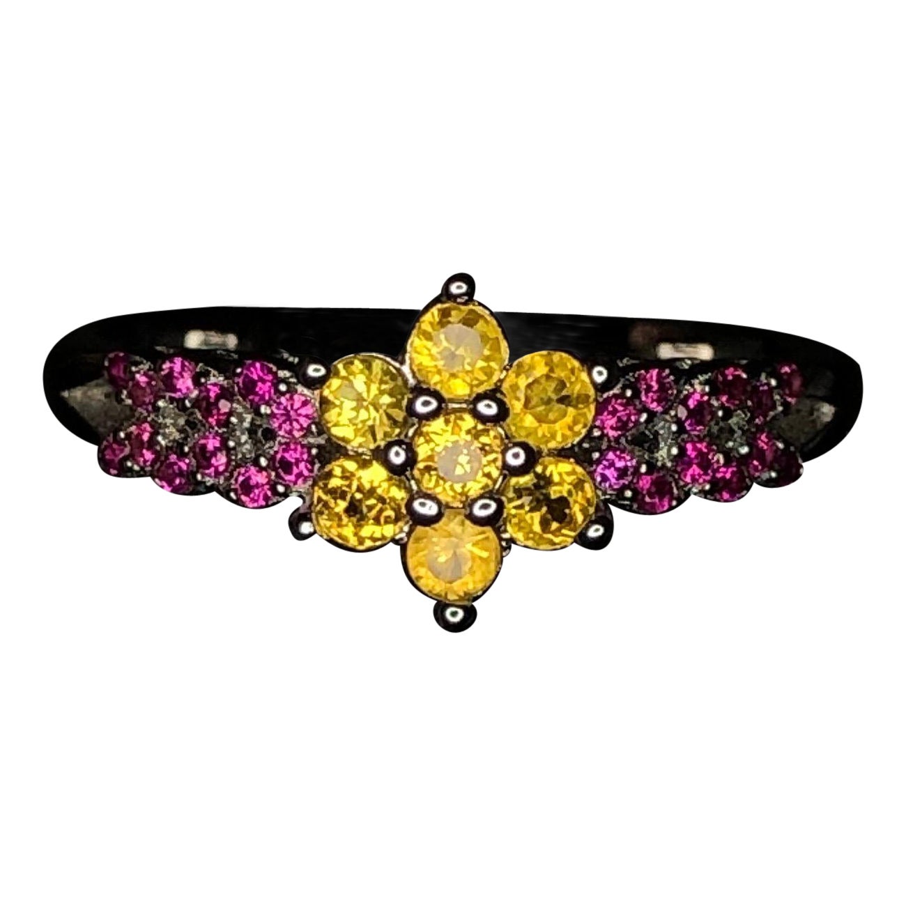 No Reserve-Beautiful Floral Yellow Sapphire/ Hot Pink Malawi Garnet Ring 925 