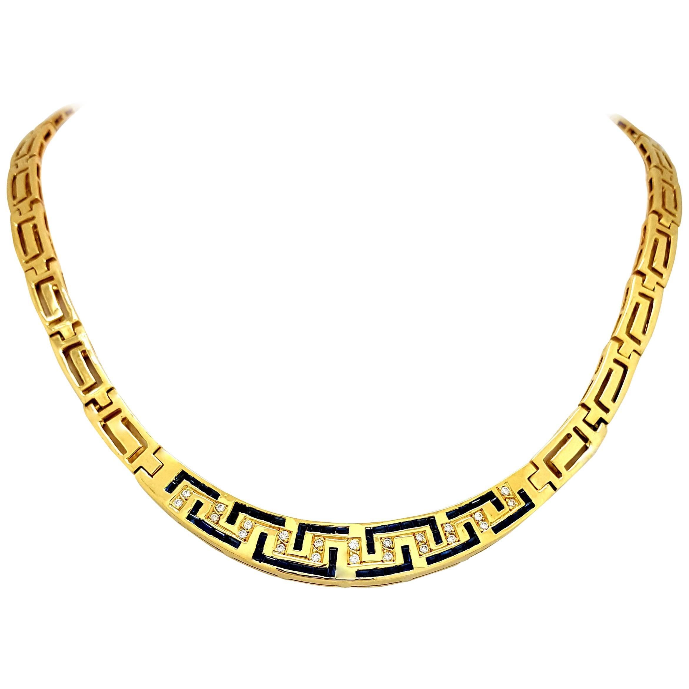 Sapphire Diamond Gold Greek Key Collar Necklace For Sale