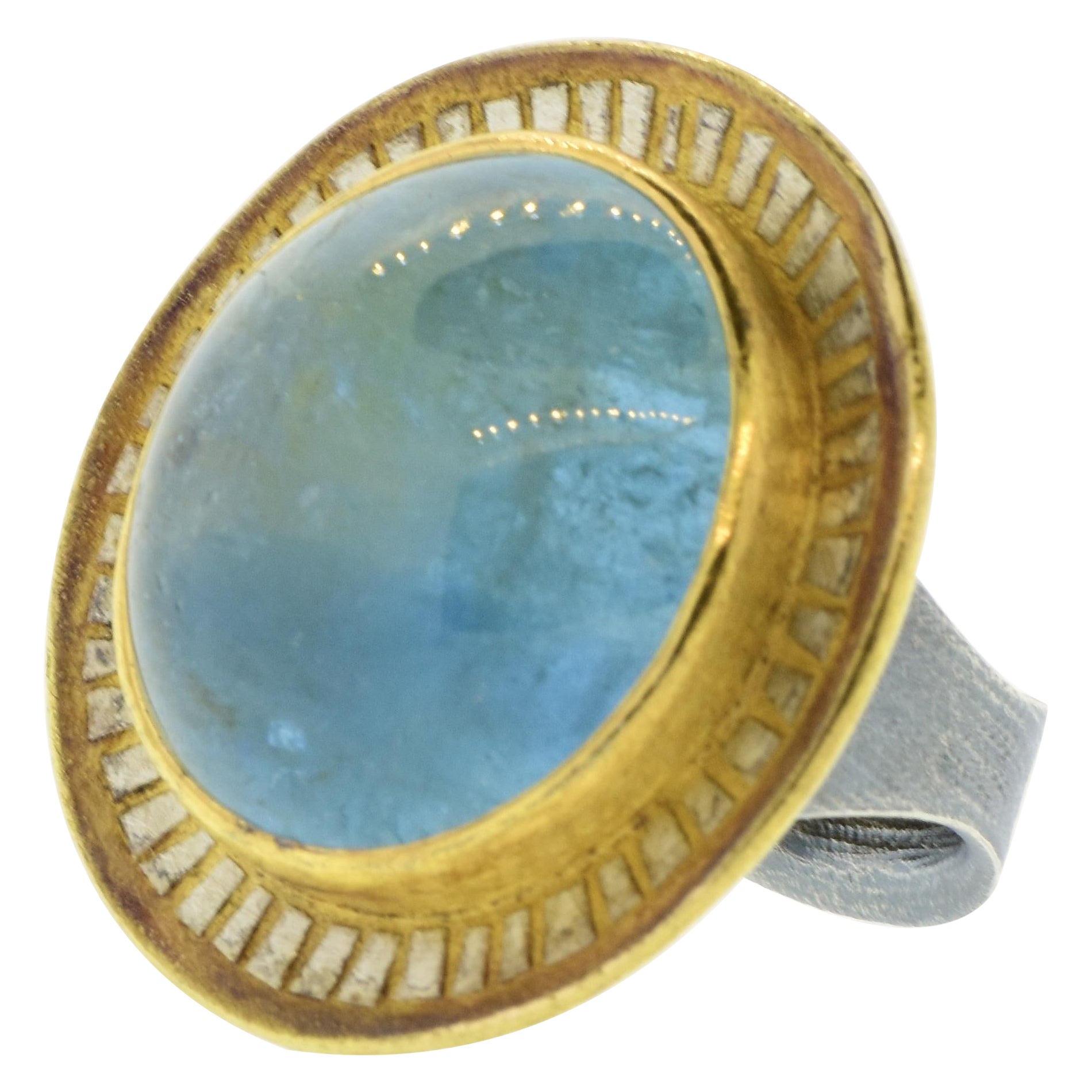 Michael Zobel 47 ct Natural Aquamarine, 22K Gold & Oxidized Sterling Silver Ring For Sale