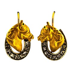 Vintage Art Nouveau Style White Rose Cut Diamond Yellow Gold Dangle "Horses" Earrings