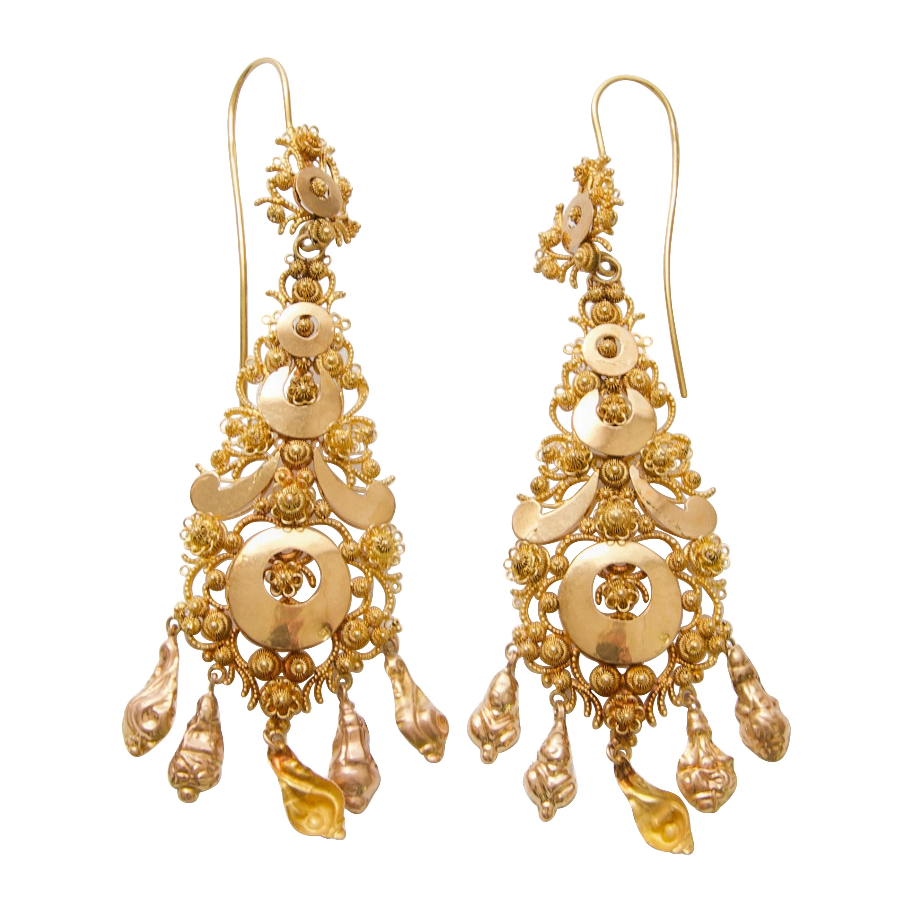 Antique 14 Karat Gold Filigree Hat Bells Chandelier Earrings