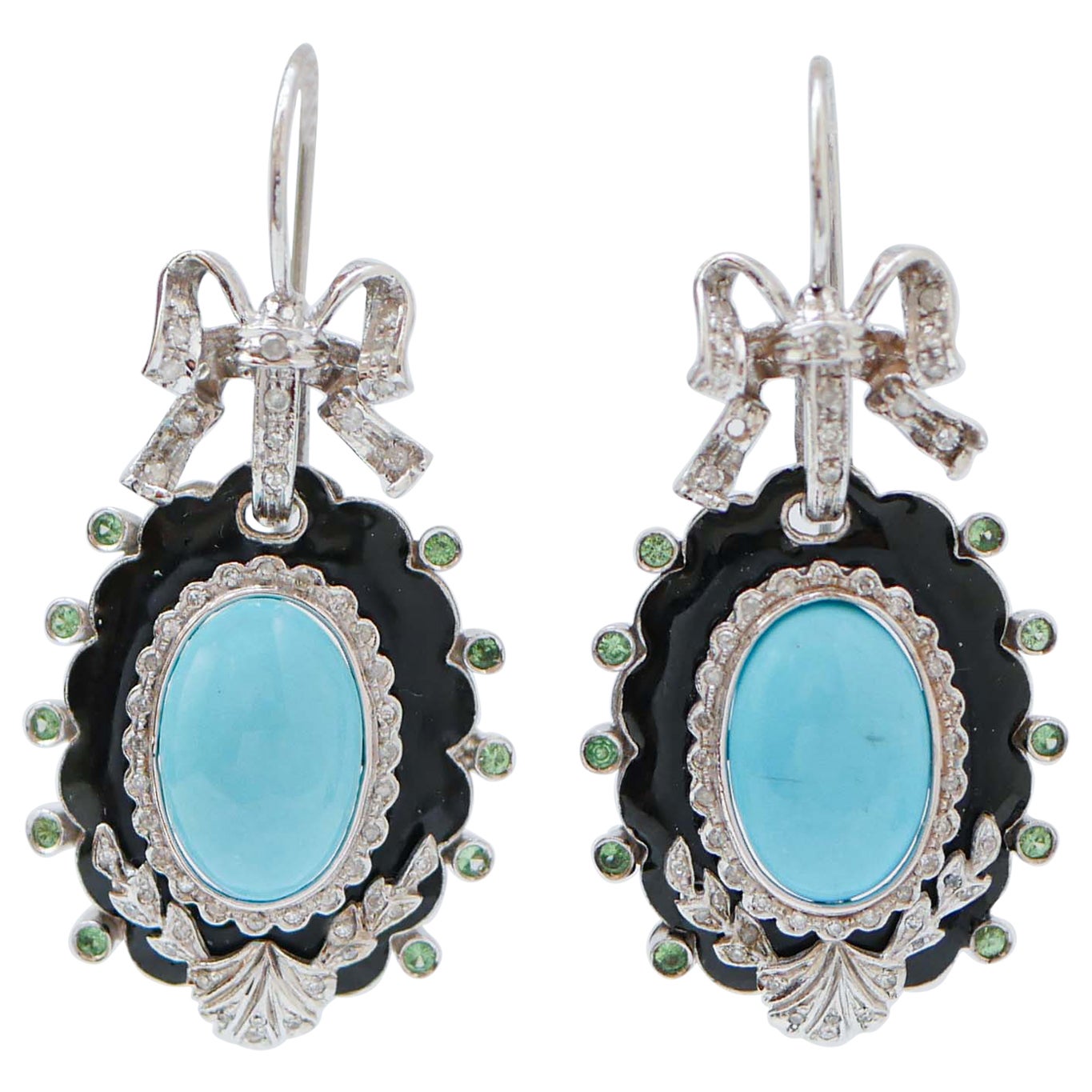 Turquoise, Tsavorites, Diamonds, Enamel, 14 Karat White Gold Dangle Earrings.