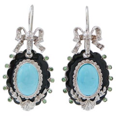 Turquoise, Tsavorites, Diamonds, Enamel, 14 Karat White Gold Dangle Earrings.