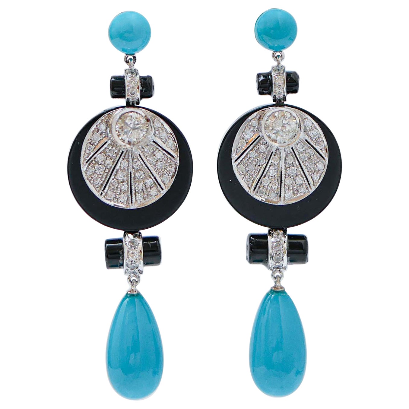 Turquoise, Onyx, Diamonds, Platinum Earrings. For Sale