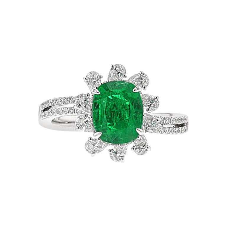 GIA Certified Natural Cushion-Cut Emerald and Diamond Ring, 18k For Sale
