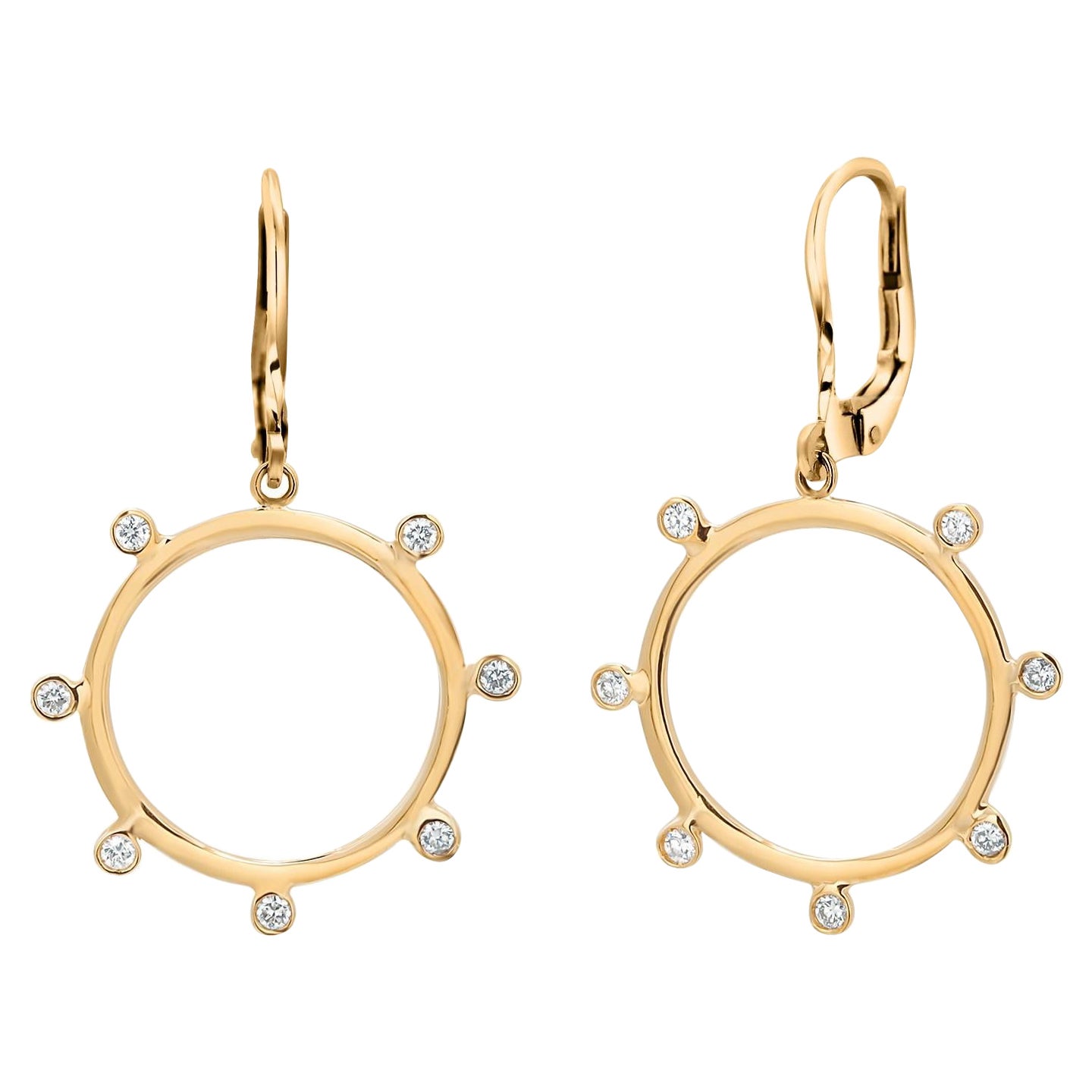 Yellow Gold Circle 0.95 Inch Wide Bezel Diamonds 0.28 Carat 1.5 Inch Earrings  For Sale