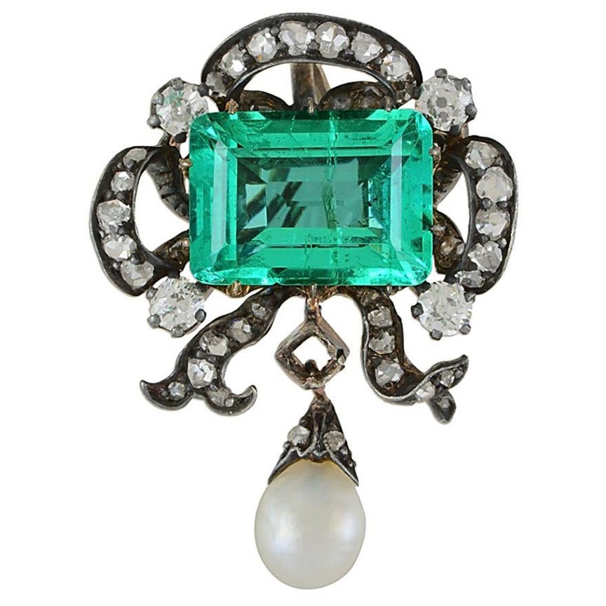 Antique Victorian Colombia Emerald, Pearl, & Old Mine Diamond Pendant Circa 1880 For Sale