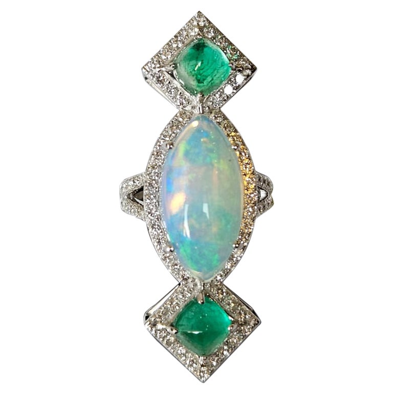 6.37 carats Ethiopian Opal, Colombian Emerald Sugarloafs & Diamond Cocktail Ring For Sale