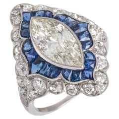 Platinring, Art déco, über 2 Karat Diamant, Marquise-Saphir und Platin