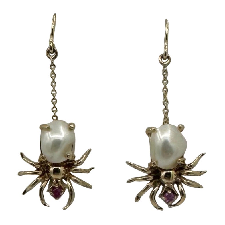 Spider Earrings Pearl Ruby Insect Bug Dangle Drop Earrings Antique Gold For Sale