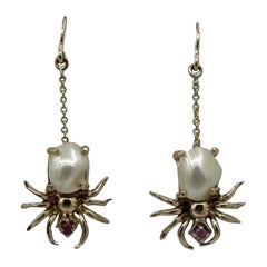 Spider Earrings Pearl Ruby Insect Bug Dangle Drop Earrings Antique Gold
