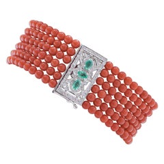 Vintage Coral, Emeralds, Diamonds, 14 Karat White Gold Bracelet.