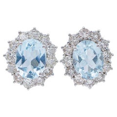 Aquamarine, Diamonds, 18 Karat White Gold Earrings.