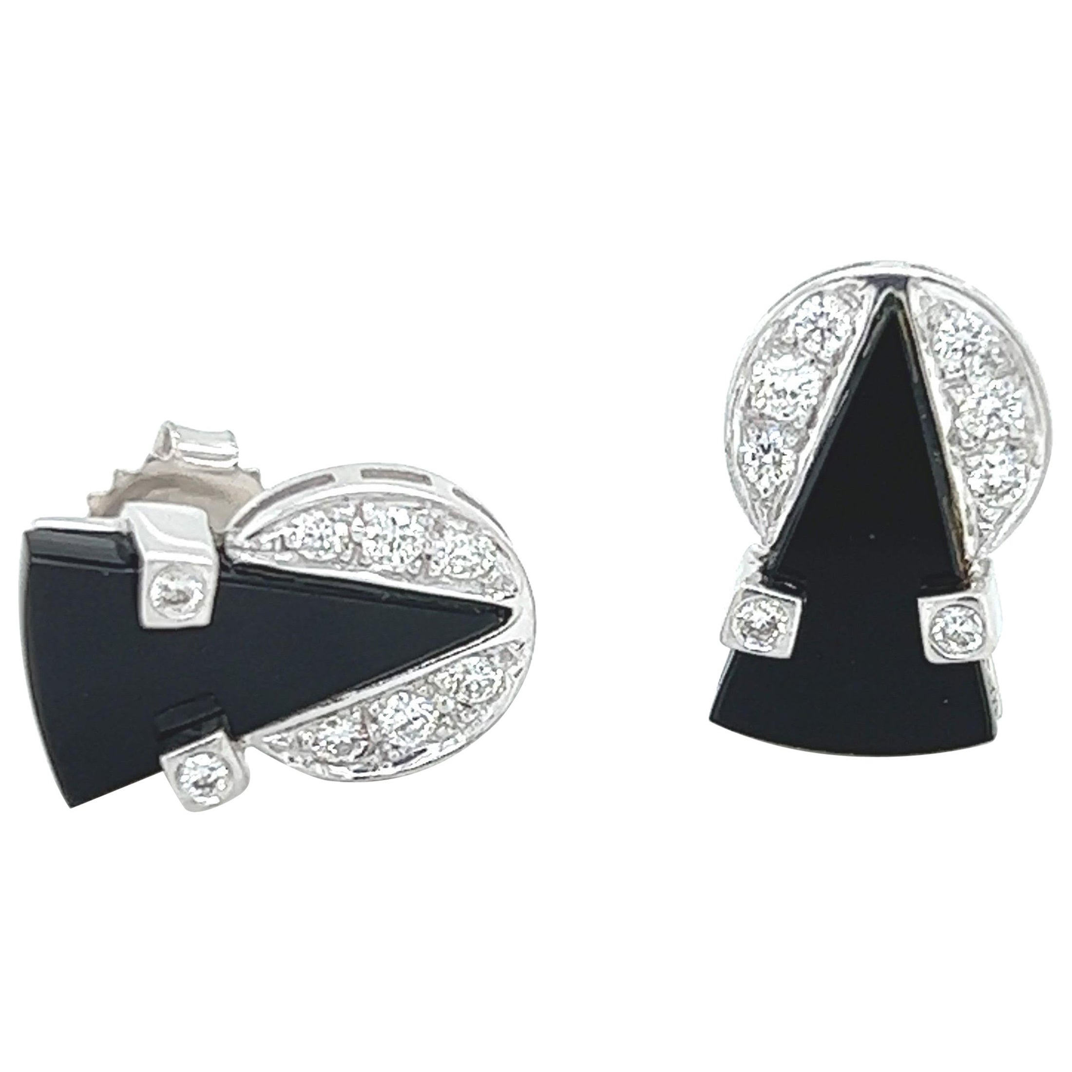 Art Deco Design Diamond and Black Onyx Stud Earrings in 18k White Gold For Sale
