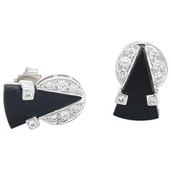 Art Deco Design Diamond and Black Onyx Stud Earrings in 18k White Gold