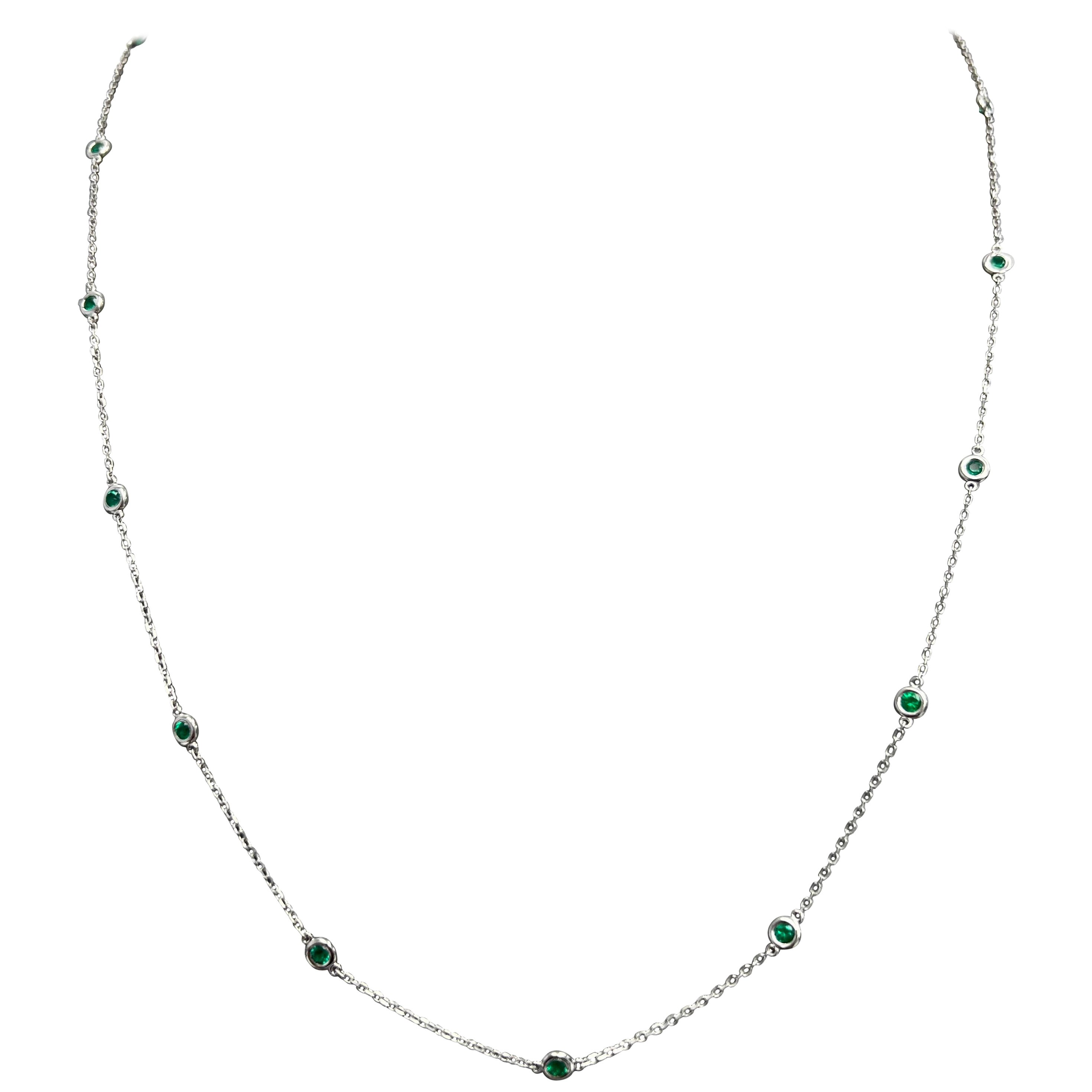 Diamonds by The Yard Chain Necklace in 14k White with Natural Emerald Gem-stones For Sale
