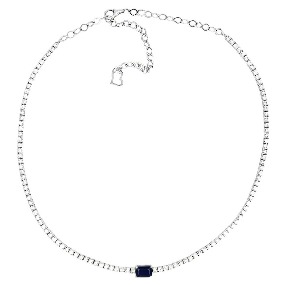 Diamond Choker Necklace in 14k white with 1.02ct of Natural Emerald Cut Sapphire For Sale