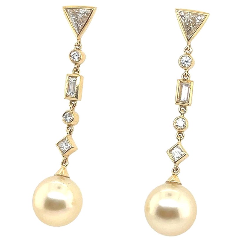 Modern Gold 2.08 Carat Natural Diamond and Golden South Sea Pearl Drop Earrings