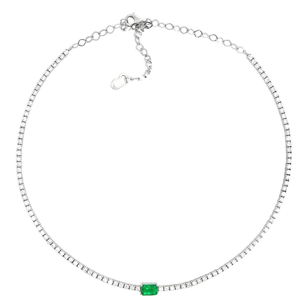 Diamond Choker with a Natural Emerald Gem-stone in 14k White and Natural Diamond For Sale
